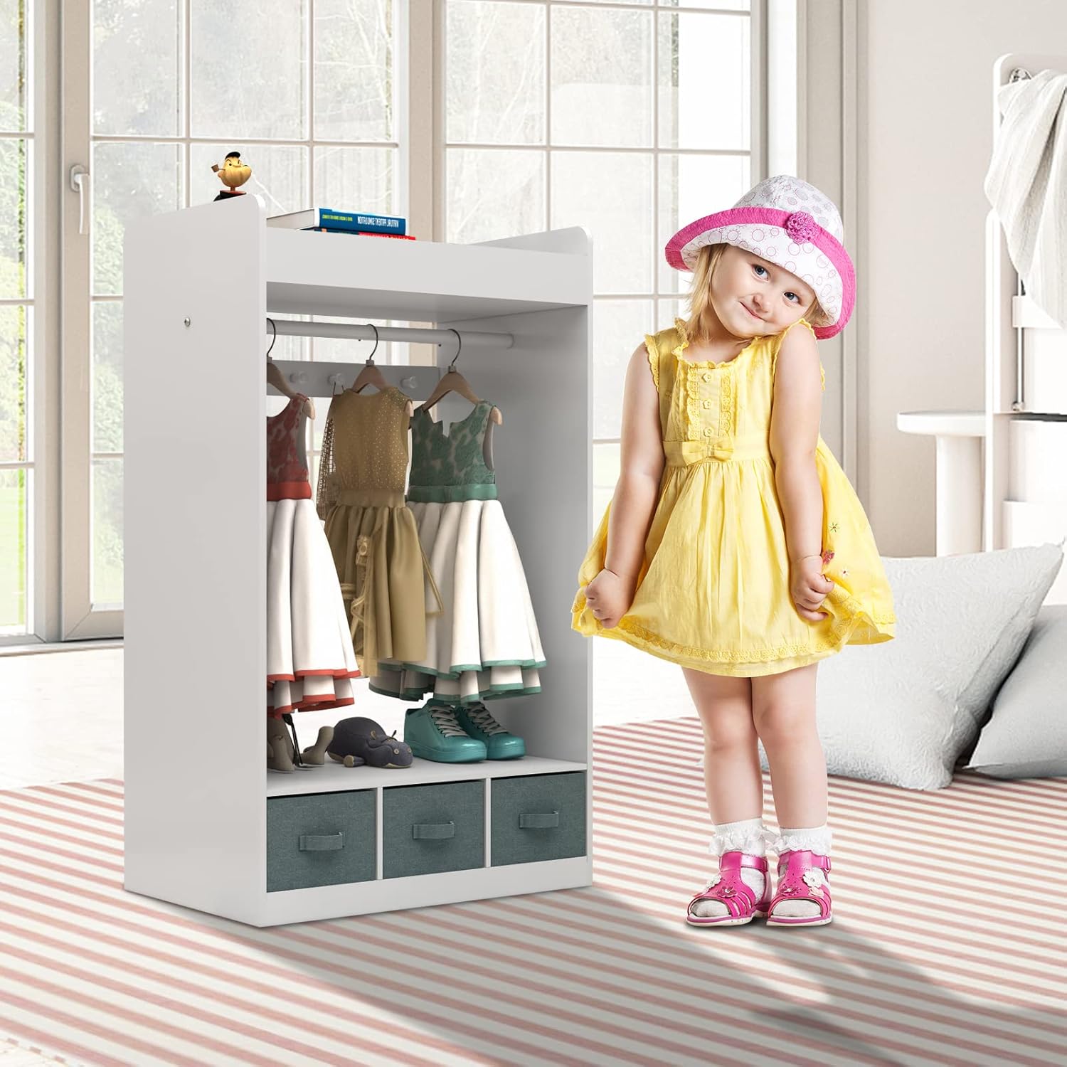 Karl home Kids Dress Up Storage with Mirror, Kids Wardrobe with 3 Drawers & Cloth Hanger, Open Hanging Armoire Closet for Little Girls, Toddler Costume Organizer for Playroom, White