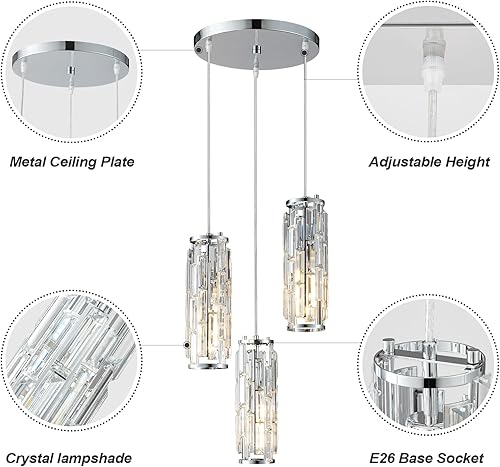 Miniatura 5 de BBLLWJ Moderna lámpara colgante cromada para isla de cocina, mini lámpara de cristal colgante para cocina, isla, comedor, dormitorio (3 luces)