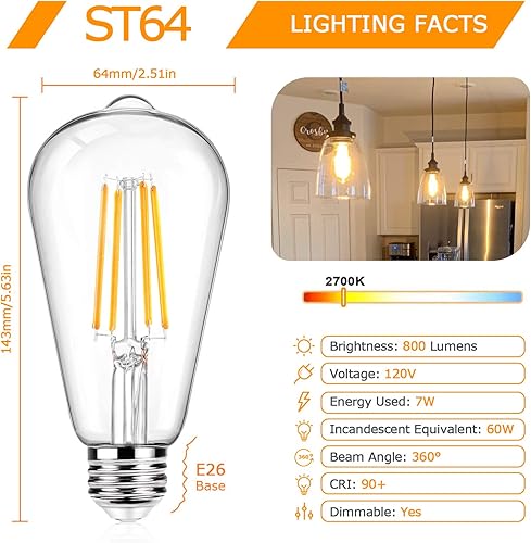 Vista 4 de Paquete de 12 bombillas LED Edison ST64 grandes, estilo vintage, equivalente a 60 W, 7 W, 800 lúmenes, filamento LED antiguo regulable, blanco