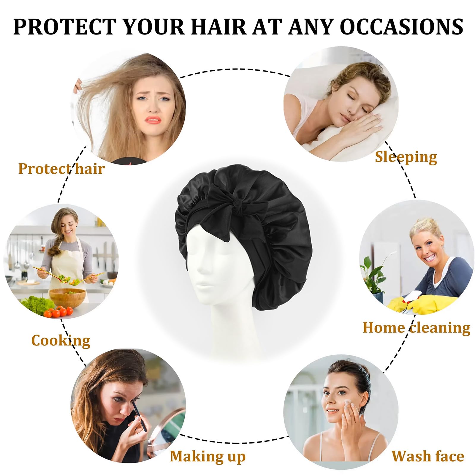 LIYANHU Silk Hair Bonnet for Sleeping with Hair Bobbles Silk Bonnets for Women with Elastic Band Hair Care Head Cover Hat for Women Girls Long Straight - Image 4