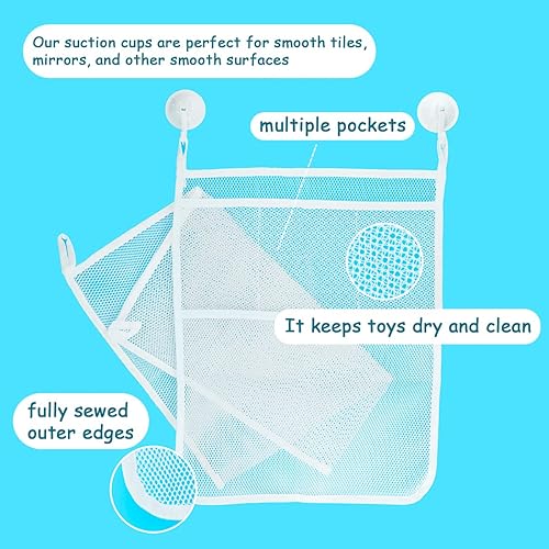 Miniatura 3 de 2 bolsas de malla para juguetes de bañera, organizador de juguetes de baño de 18 x 14 pulgadas, 4 ganchos ultra fuertes, color blanco