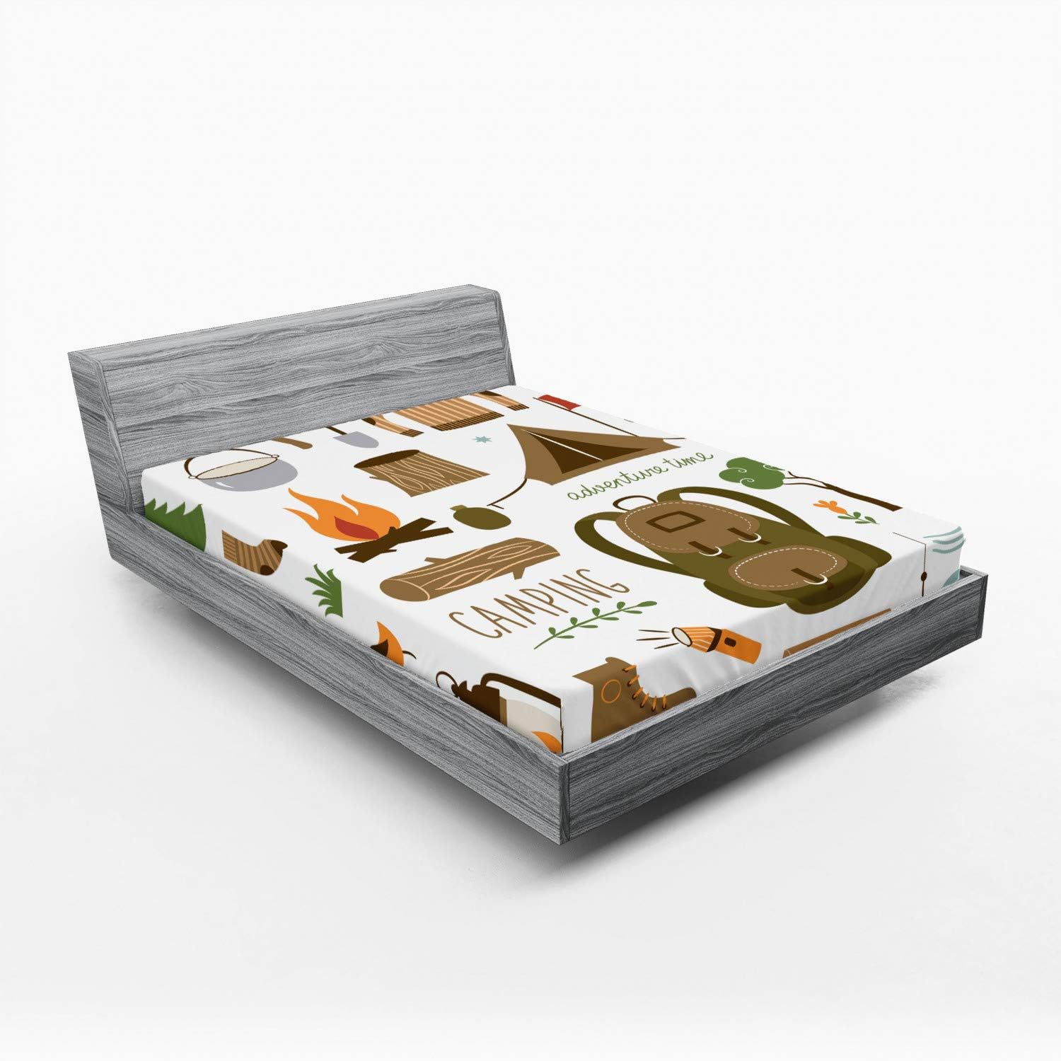 Ambesonne Adventure Fitted Sheet, Camping Equipment Sleeping Bag Boots Campfire Shovel Hatchet Log Art Print, Bed Cover with All-Round Elastic Deep Pocket for Comfort, Full Size, Taupe Brown