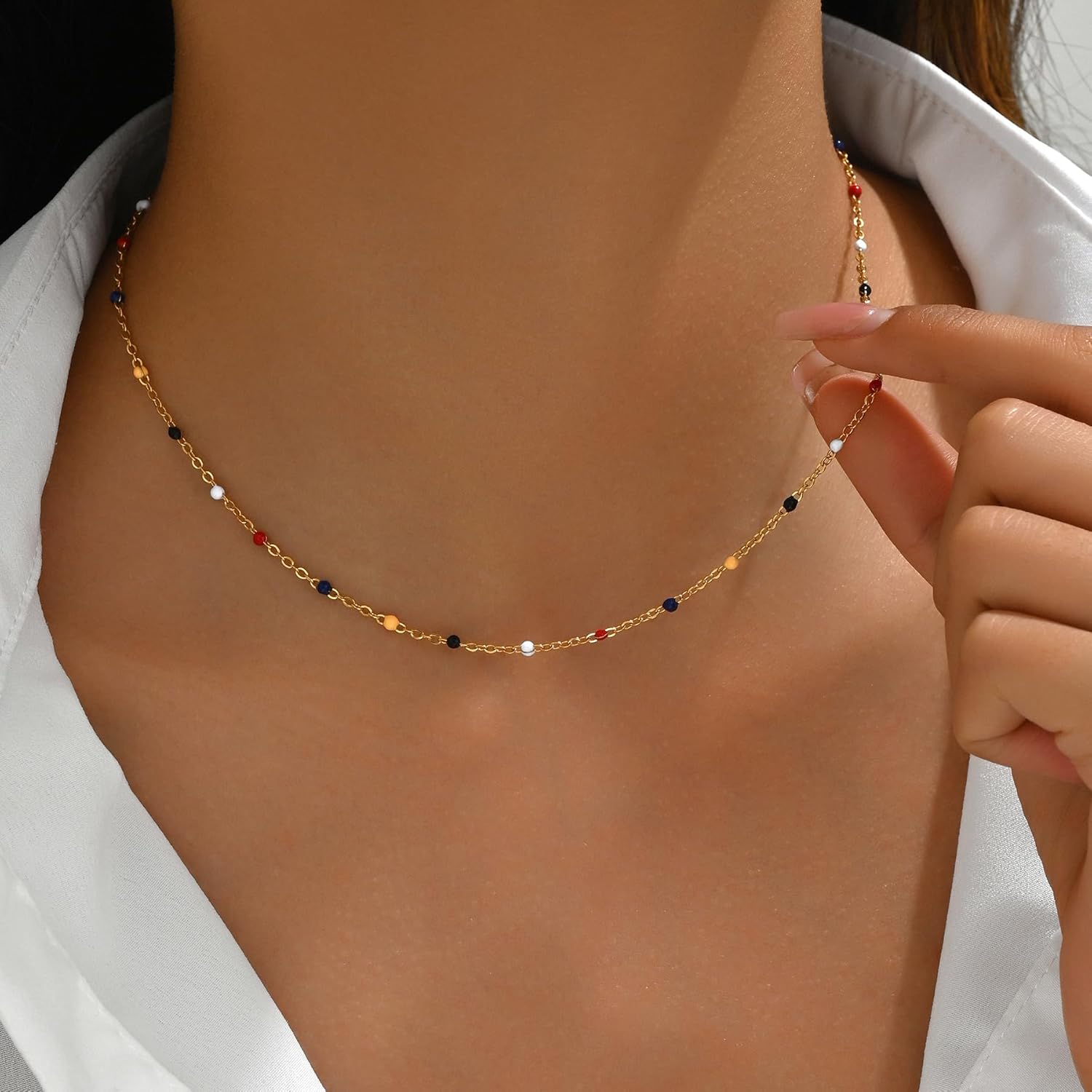 Gold Chain Necklace for Women Dainty 18K Gold Plated Thin Satellite Beaded Turquoise Necklace Simple Layered Boho Jewelry Christmas Gifts - Image 3