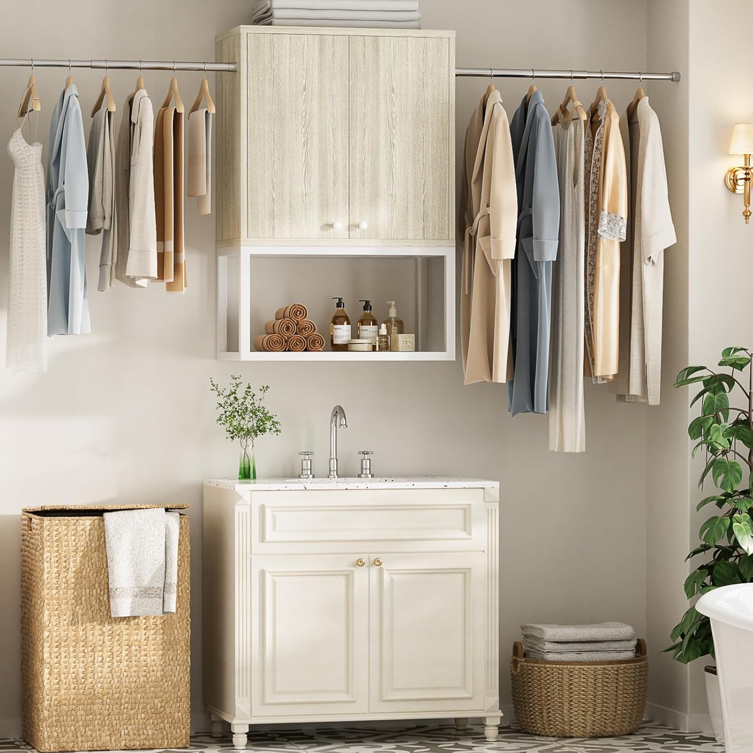 Homieasy Wall Cabinet with 2 Hanging Rods, 67'' Wide Laundry Wall Cabinet with 2 Doors, Open Rack & Adjustable Inner Shelf, Storage Cabinet Wall Mounted for Laundry & Bathroom, White Oak