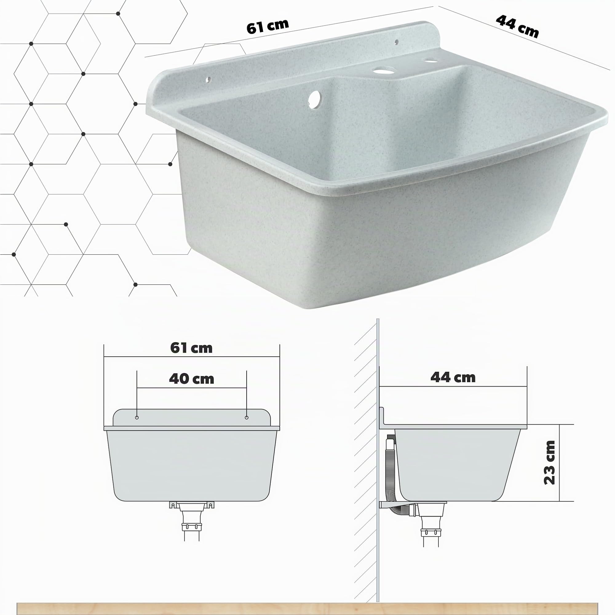 GOSPO Lavabo avec robinet extensible, 61 x 44 x 23,5 cm, bac de lavage avec distributeur de savon, siphon, évier avec accessoires, buanderie, lavabo industriel, blanc