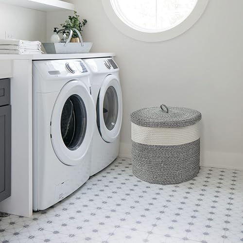 Miniatura 3 de Cesta para manta con tapa, 16 pulgadas de profundidad x 14 pulgadas de alto, canasta grande de cuerda tejida, cesta de almacenamiento de juguetes