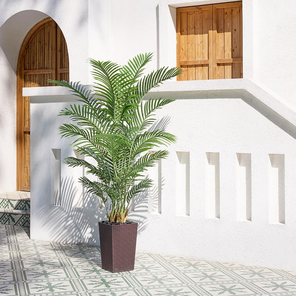 VeriNatural Kunstpalme 180cm Künstliche Pflanze mit Brauner Netztopf – Deko Kunstpflanzen wie echt, Kunstbaum Groß UV-beständig&Flussgestein – für Wohnzimmer, Balkon, Büro, Badezimmer&Garten,VN130