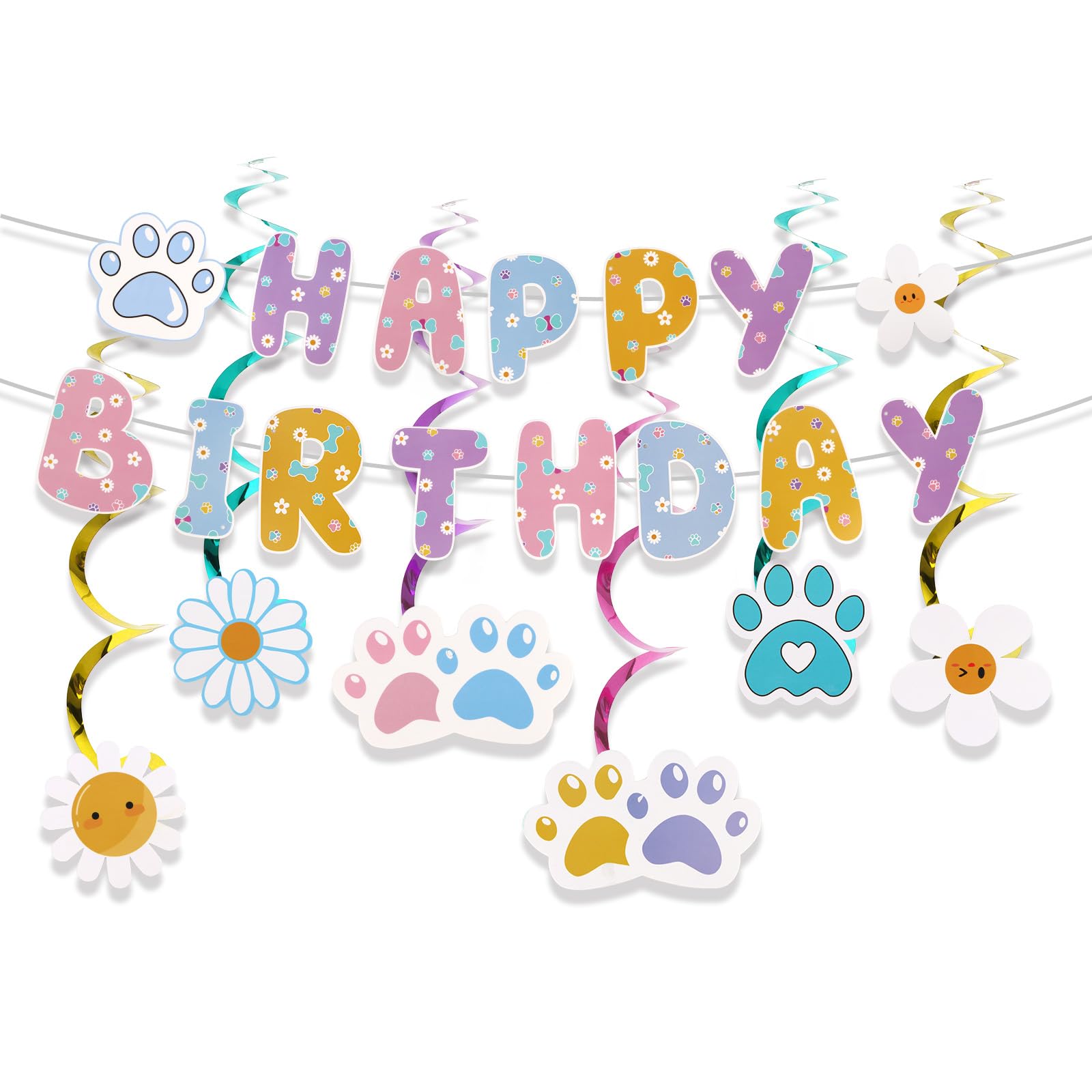 Exipsat Haustier Geburtstag Deko, Party Utensilien: 15pcs Pfoten Muster Happy Banner und 12pcs Wirbel Ornamente, Süße Tierfeier Deko für Hunde Veranstaltungen