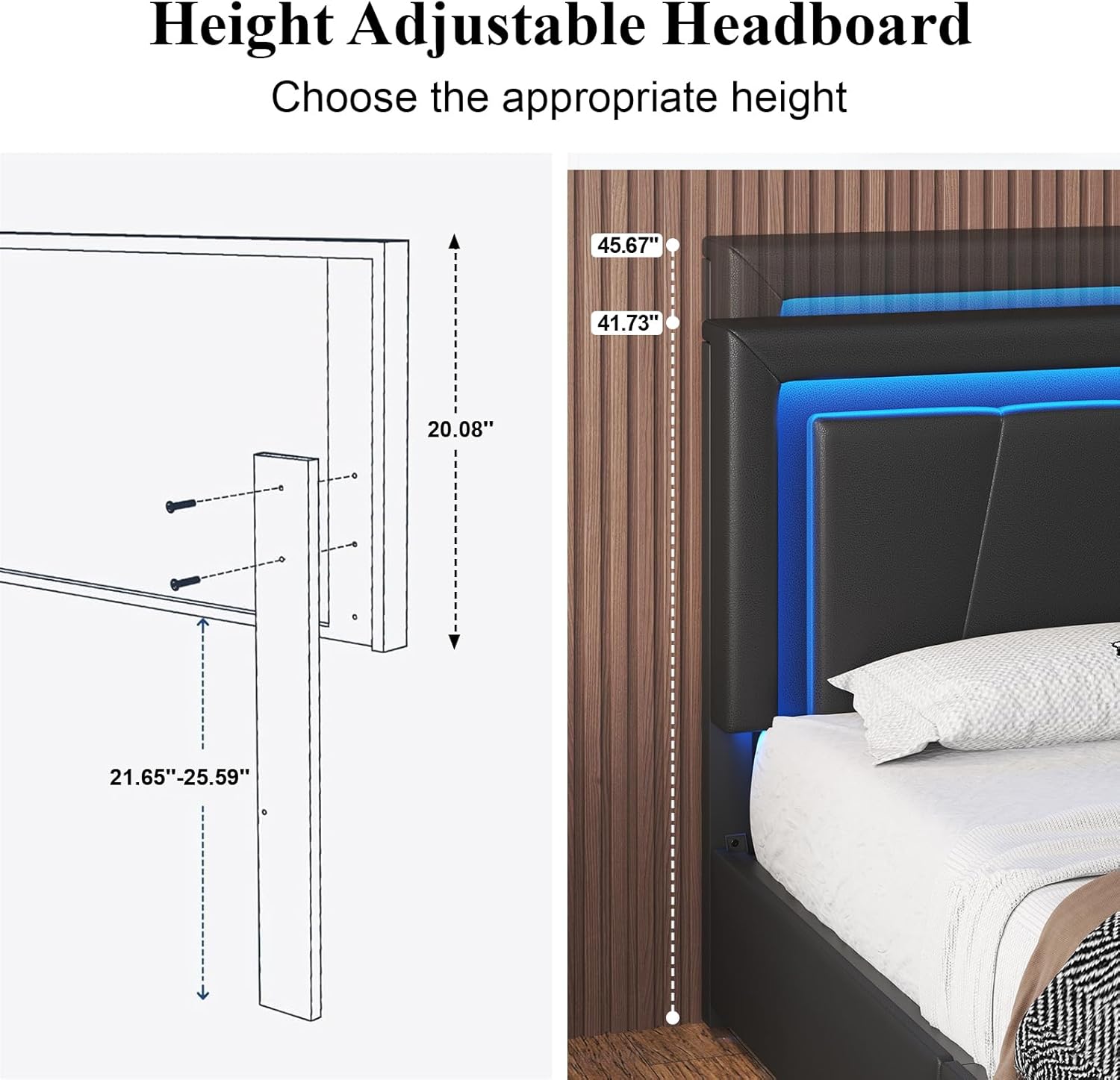 Queen Size Bed Frame with 4 Storage Drawers and LED Lights, Upholstered Platform Bed with Adjustable Headboard and Charging Station, Metal Slats Support, No Box Spring Needed,Easy Assembly, Black Queen Black