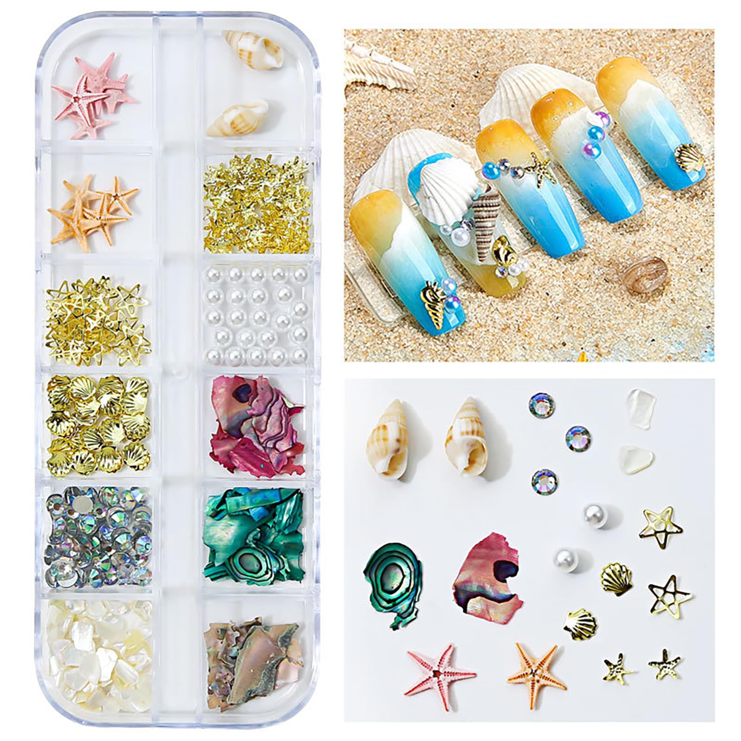 3D Starfish Conch Pearl Rivets Shell Pieces Nail Art Glitter Flakes Decorations, Mix Gold Metal Stars Shell Nail Studs Jewelry Accessories Suitable