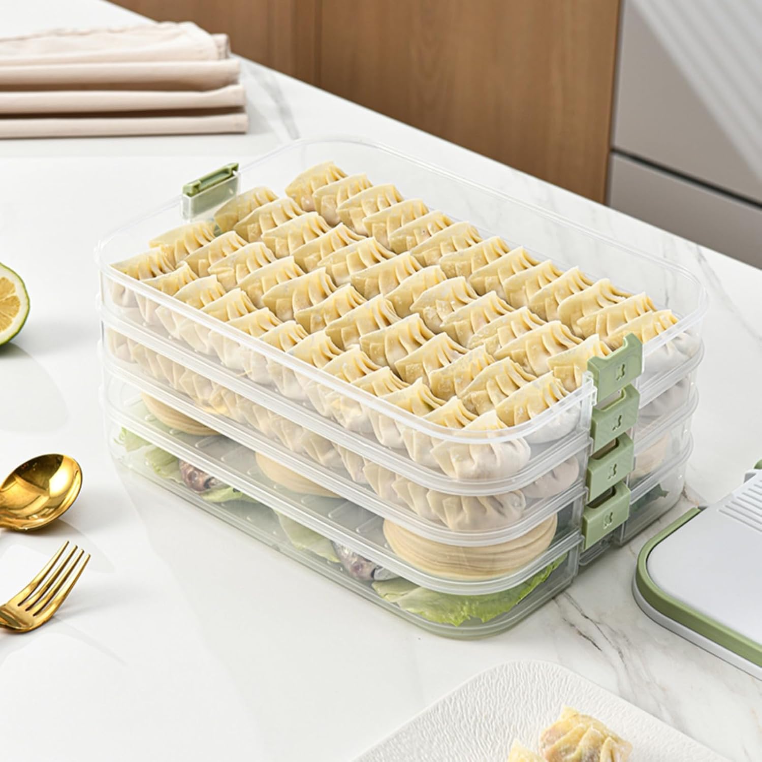 Dumplings Storage with 4 Layers, Stackable with Buckle, Lid & Handle for Cookies Wonton Donuts Box Organizer For Fridge, White-Green - Image 8