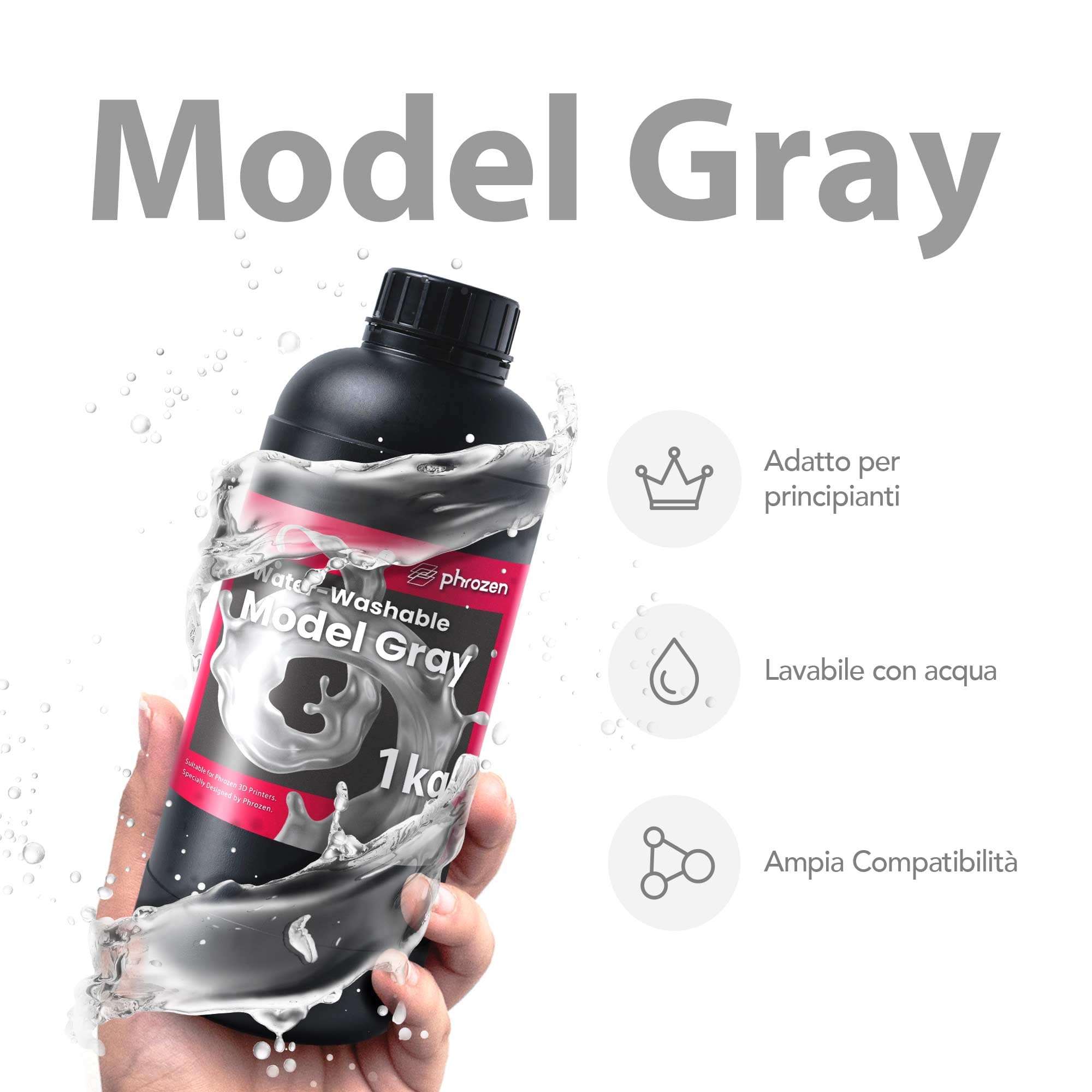 Resina Lavabile Acqua Phrozen Per Stampanti 3D - Fotopolimero UV 405nm, Poco Odorosa, 1kg Grigio - Foto 11