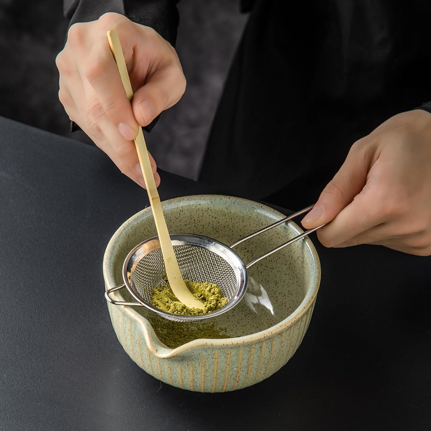 5-Piece Matcha Kit - Complete Matcha Set with Bamboo Whisk, Bowl with Spout, Scoop, Strainer & Holder - Practical Matcha Whisk Set (Striped green)