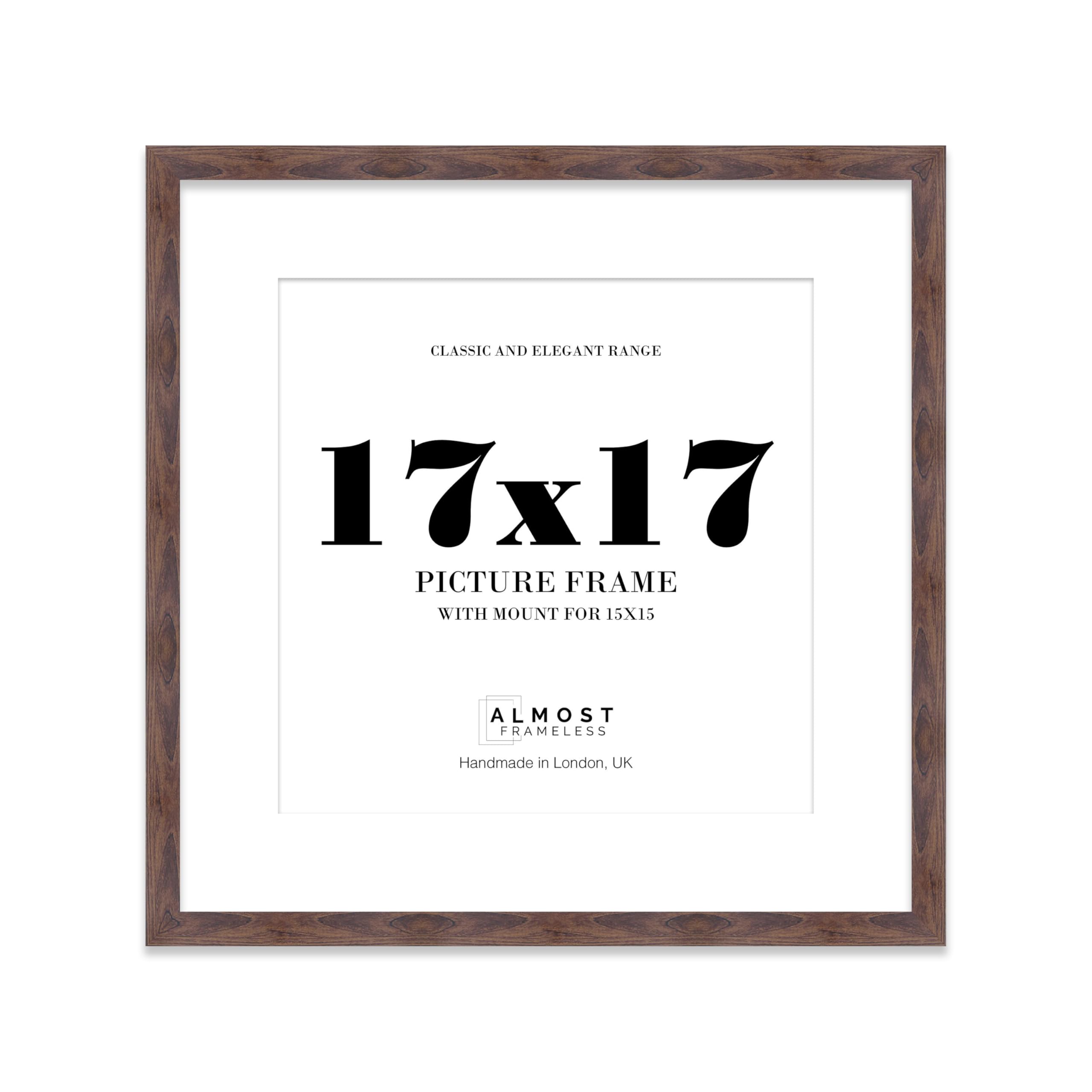 17x17 Walnut Picture Frame with Mount for 15x15 Photos, Prints - Modern Square Wall Frame, 1 Pack