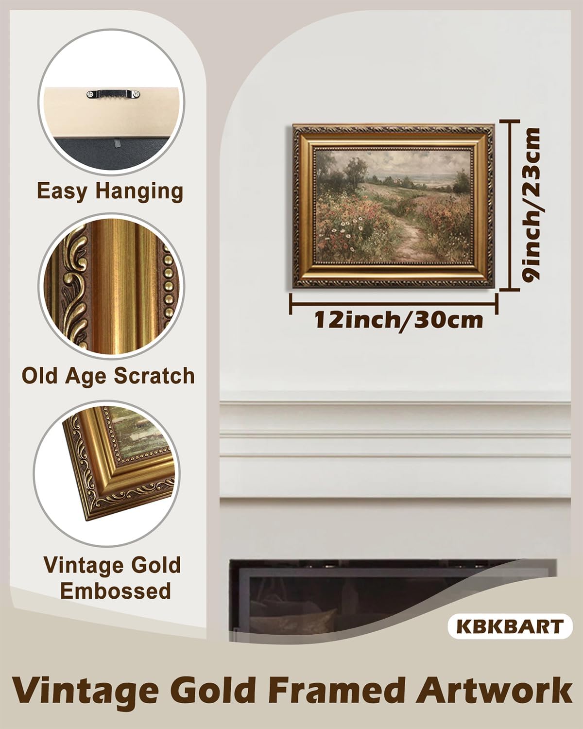 KBKBART Gold Framed Canvas Wall Art for Living Room, Vintage Countryside Wildflower Field Painting Farmhouse Decor, Retro Nature Wilderness Canvas Art Prints for Wall Decor, Rustic Landscape Wall Decor for Bathroom, Bedroom Living Room, Vintage Art Wall Decor(9"x12")