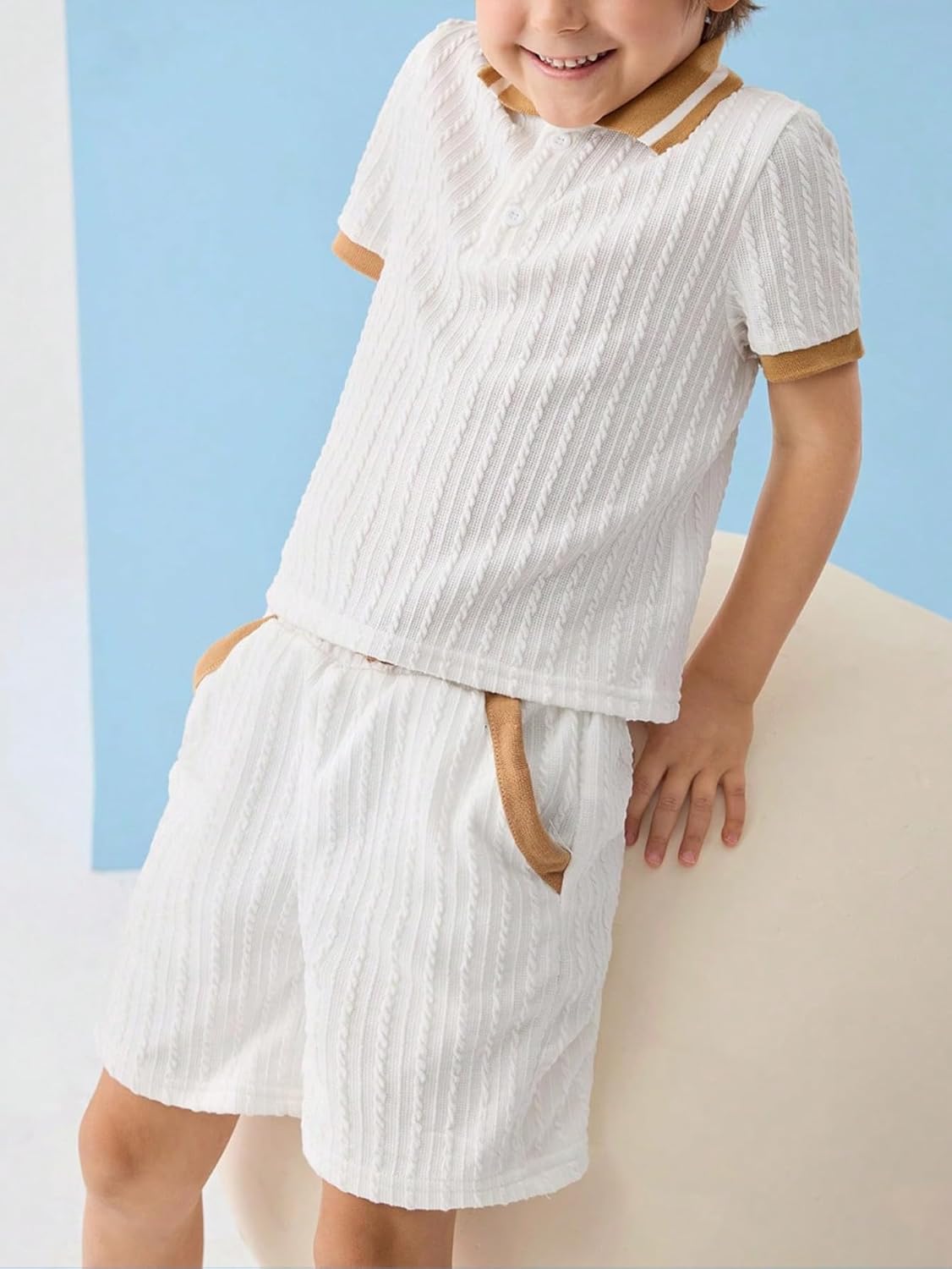 Verdusa Boy's 2 Piece Outfits Colorblock Short Sleeve Shirt and Shorts with Pockets Summer Vacation Matching Clothing Sets - Image 6