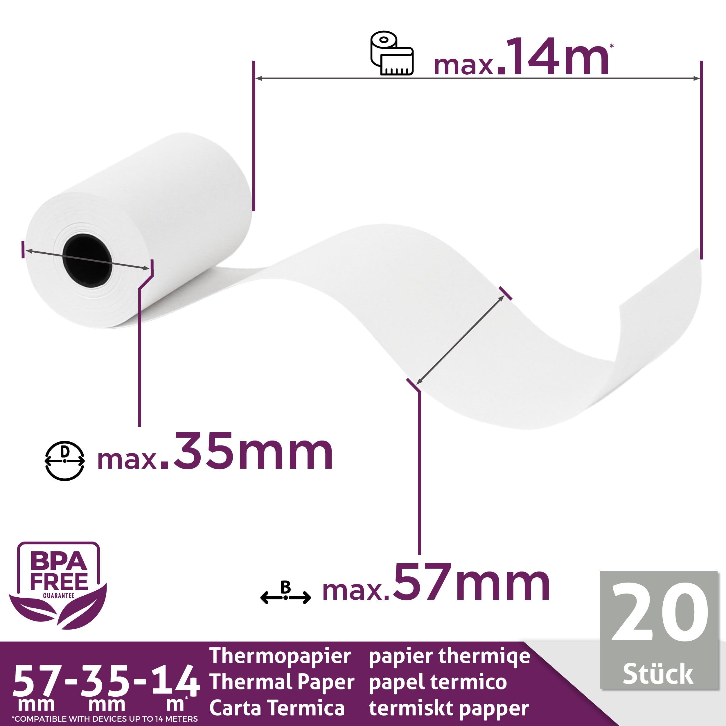 LYNNE - Rollos Papel Datafono Térmico 57x35x12mm para todos los TPV y las impresora térmica - Rollo papel térmico 57mm x 35mm x 14m - Ideal para máquinas de tarjetas de Crédito - Papel TPV [20x]