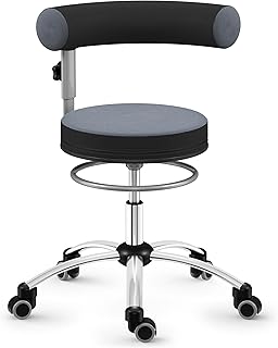 SANUS®-Gesundheitsstuhl | Rollhocker mit 360° Lehne, höhenverstellbarer Lehne, Sitzhöhe (46-54 cm), Stoffbezug grau/schwarz, Rollstopp-Rollen. Ergonomischer Bürostuhl, Erzieherstuhl