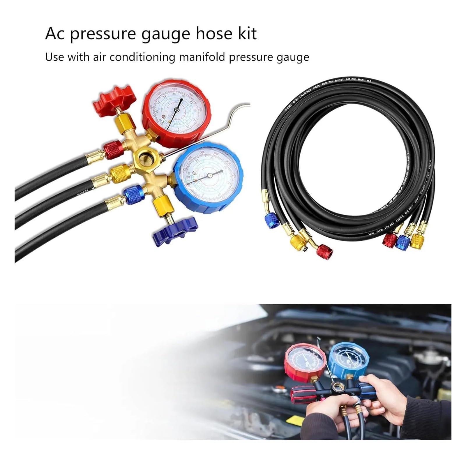 Juego de manómetros de diagnóstico de CA for refrigerantes R134A, R12, R22, R502, Herramienta de diagnóstico de Aire Acondicionado, Manguera con Gancho Compatible