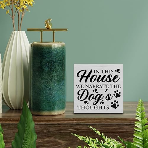 Miniatura 3 de Cartel de madera rústica para decoración de escritorio, con texto en inglés "In This Home We Narrate the Dog's Thoughts", letrero de madera para