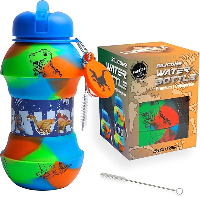 FunKitZ by AToZ UK Dinosaur kids water bottle with keyring - Leakproof, Collapsible, Soft Silicone, Drop Resistant Drinks Bottle - Dinosaur gifts - girls and boys water bottle - 500ml water bottle