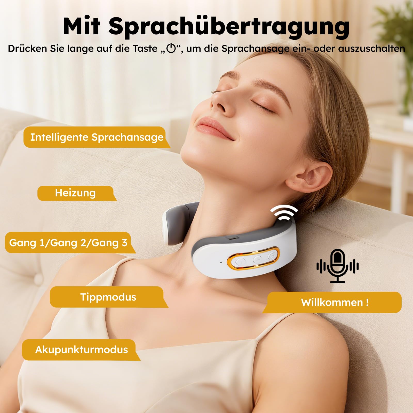 Neurotex Nackenmassagegerät,Mit Stimme und Bio-Neuro-Modulation,Tragbares Beheiztes Nackenmassagegerät,6 Modi,9 Intensitätsstufen,Elektrische Lmpulse Gegen Schmerzen für Damen Herren(Weiß)