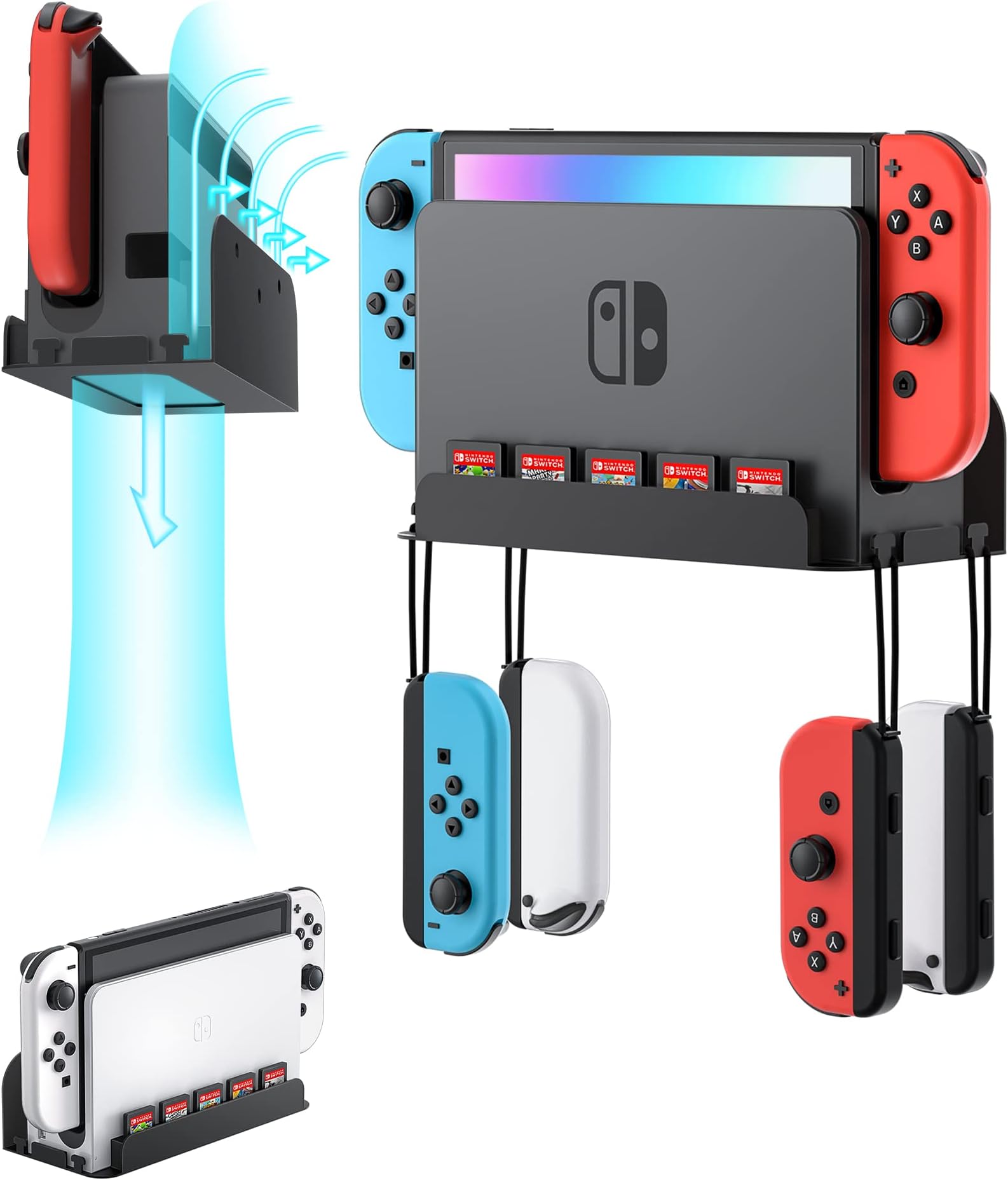 Wall Mount for Nintendo Switch 1 and Switch OLED, Metal Wall Mount Shelf Kit with 5 Game Card Holders and 4 Joy Con Hooks, Safely Store Switch Console Near or Behind TV, Black