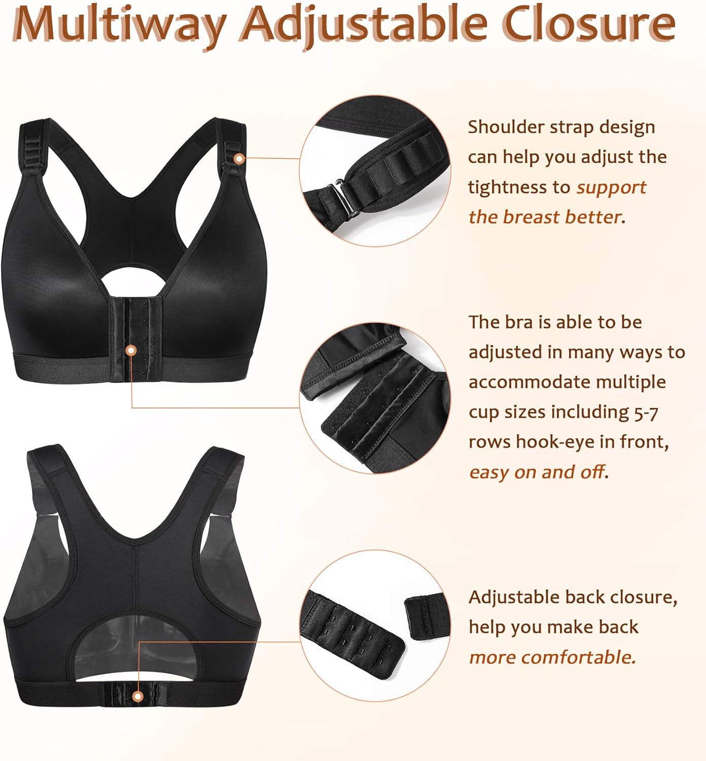 DotVol Women's Front Closure Wireless Adjustable Wide Strap Post-Surgery Everyday Bra - Image 5