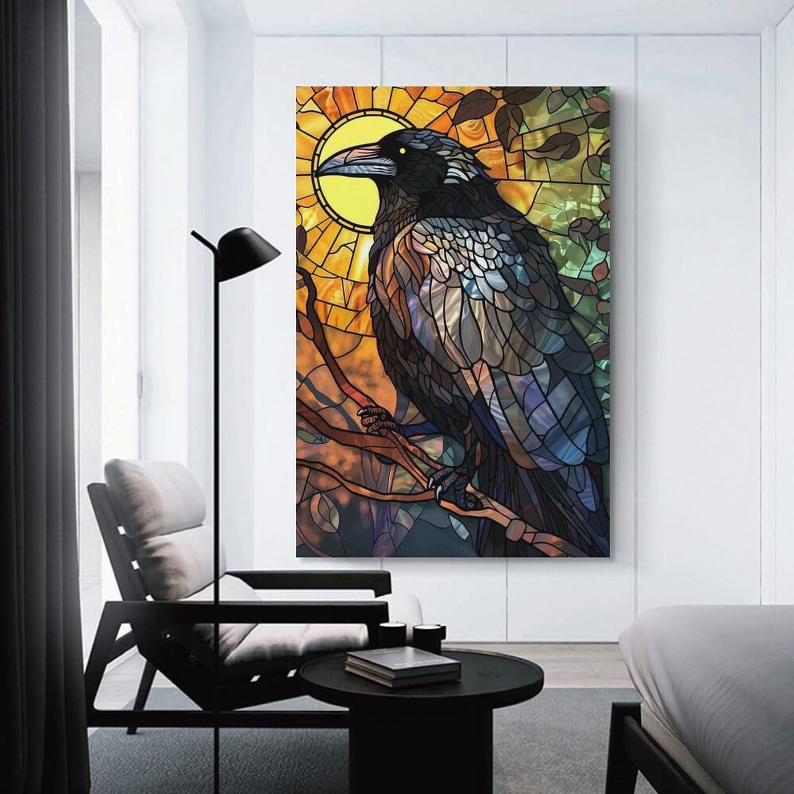 Junmoney Stained Glass Raven And Sun Wall Art Print, 16x24inch(40x60cm), for Office, Study Or Home Workspace, Decorative Artwork for Productive Spaces