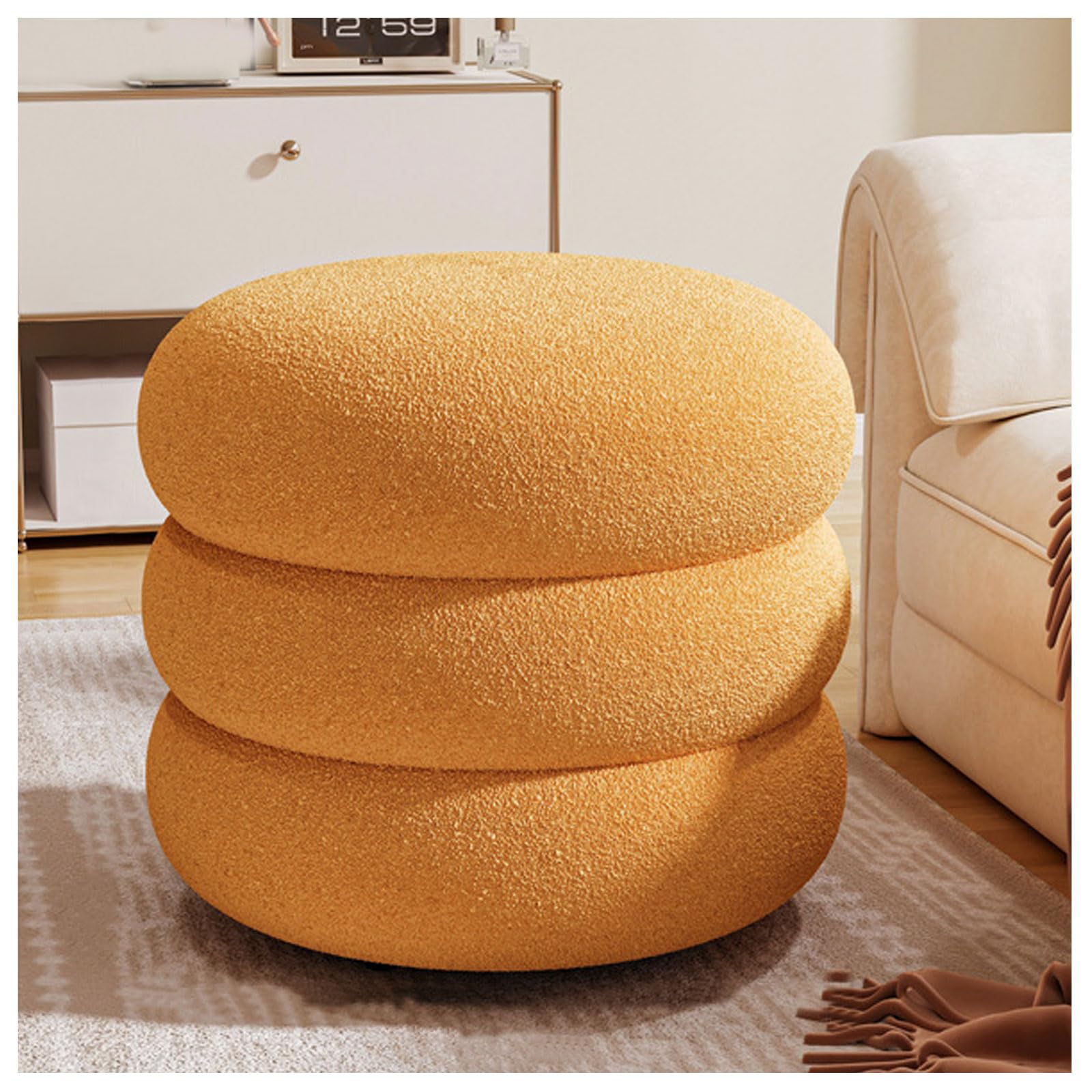 Tabouret de rangement en sherpa jaune capitonné haut de gamme avec plateau amovible chic
