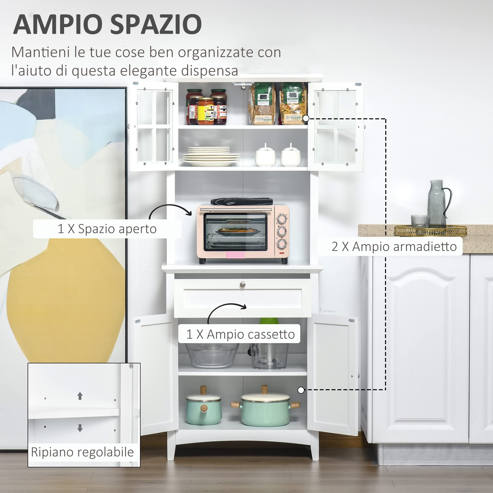 HOMCOM Credenza Cucina Alta, Mobile Dispensa con 2 Armadietti, Ripiani Regolabili, Ante in Vetro, Cassetto e Piano d'Appoggio, in MDF, per Cucina e Sala da Pranzo, 68.6x40x164 cm, Bianco