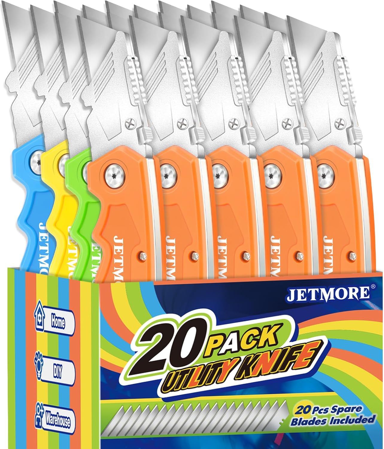 20 Pack Folding Utility Knife, Utility Knives with 20 Pcs Extra Blades, Folding Box Cutter Utility Knife Razor Blade Knife, Heavy Duty Box Cutter for Cardboard, Carpet, Warehouse & Home Use