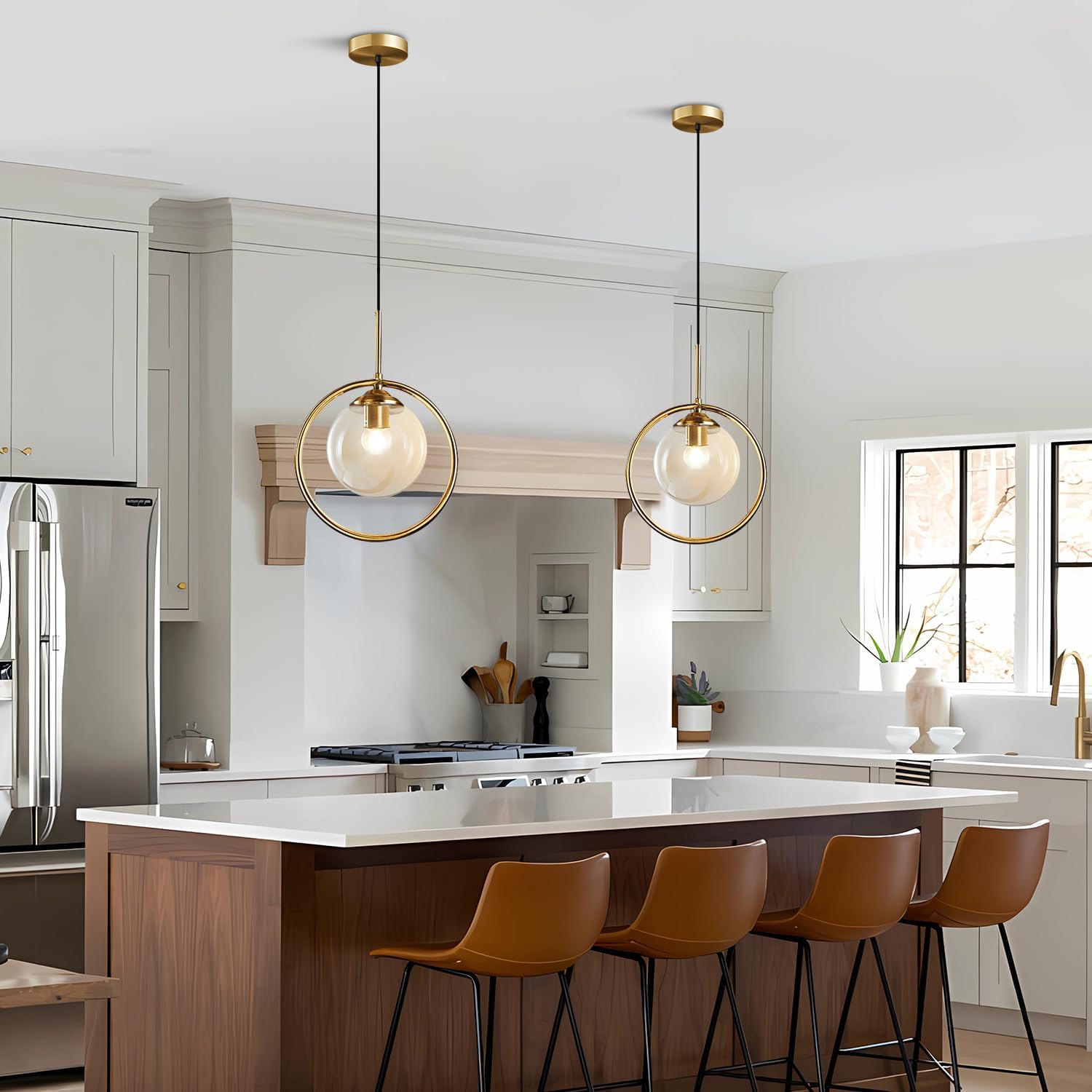 BOKT Modern 1-Light Globe Pendant Light Mid Century Amber Glass Ball Pendant Lighting Brushed Gold Single Round Circle Hanging Lamp Kitchen Island Dining Room Pendant Light Fixture