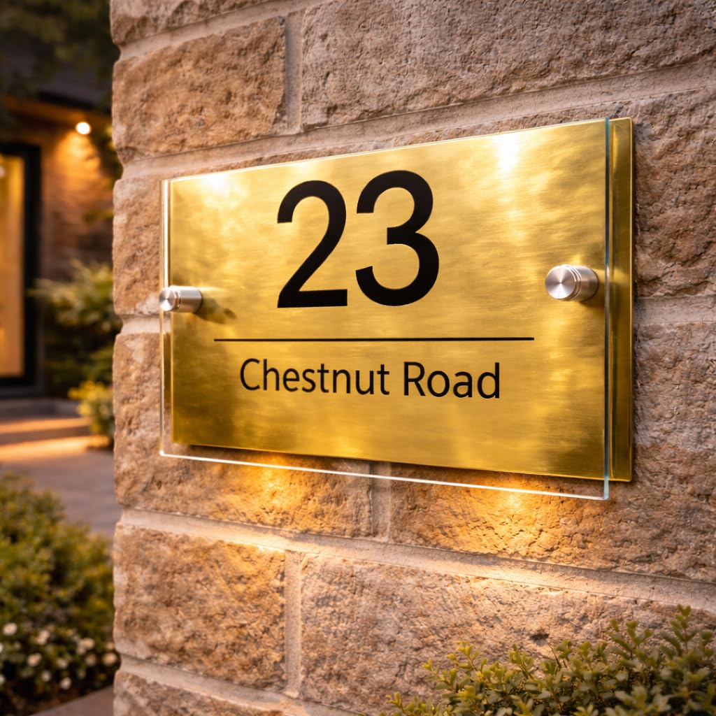 Personalised House Numbers Plaques by Blitz Craft | Glass Effect Acrylic and Gold Mirrored Finish | Custom Address Text with Door Numbers for Outside, Weatherproof Design with Fixings (200x130mm)