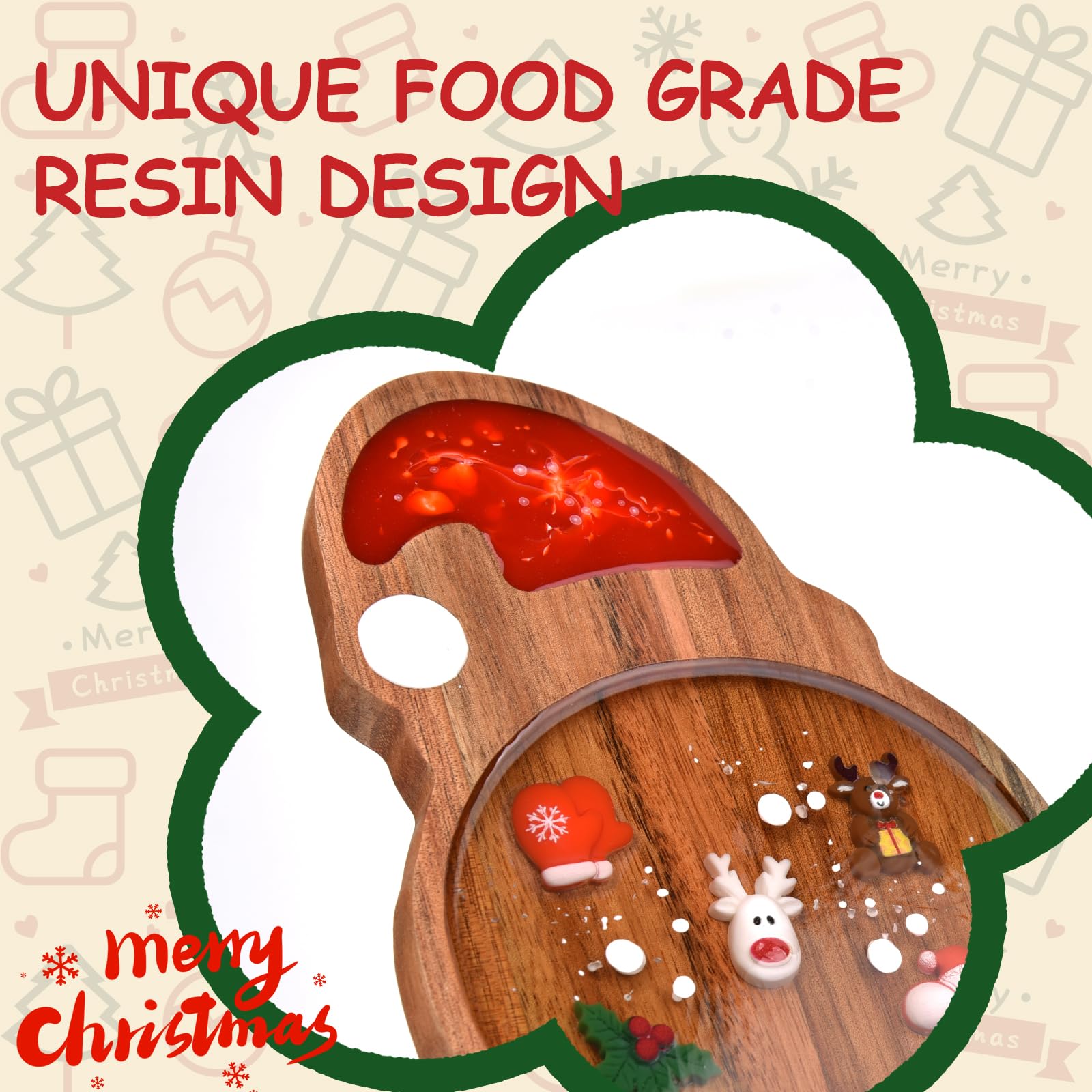 Guowall Wooden Christmas Serving Tray, Acacia Wood and Epoxy Resin Design, Christmas Themed Serving Board (Snowman) - Image 2