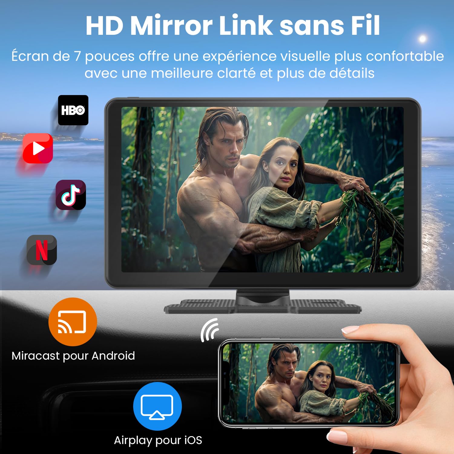 9 Pouces Écran Voiture avec Caméra de Recul, CarPlay sans Fil Android Auto | Portable Autoradio de Voiture avec Commande Vocale, Navigation GPS, FM, MirrorLink, Bluetooth Appels avec Mains Libres, AUX