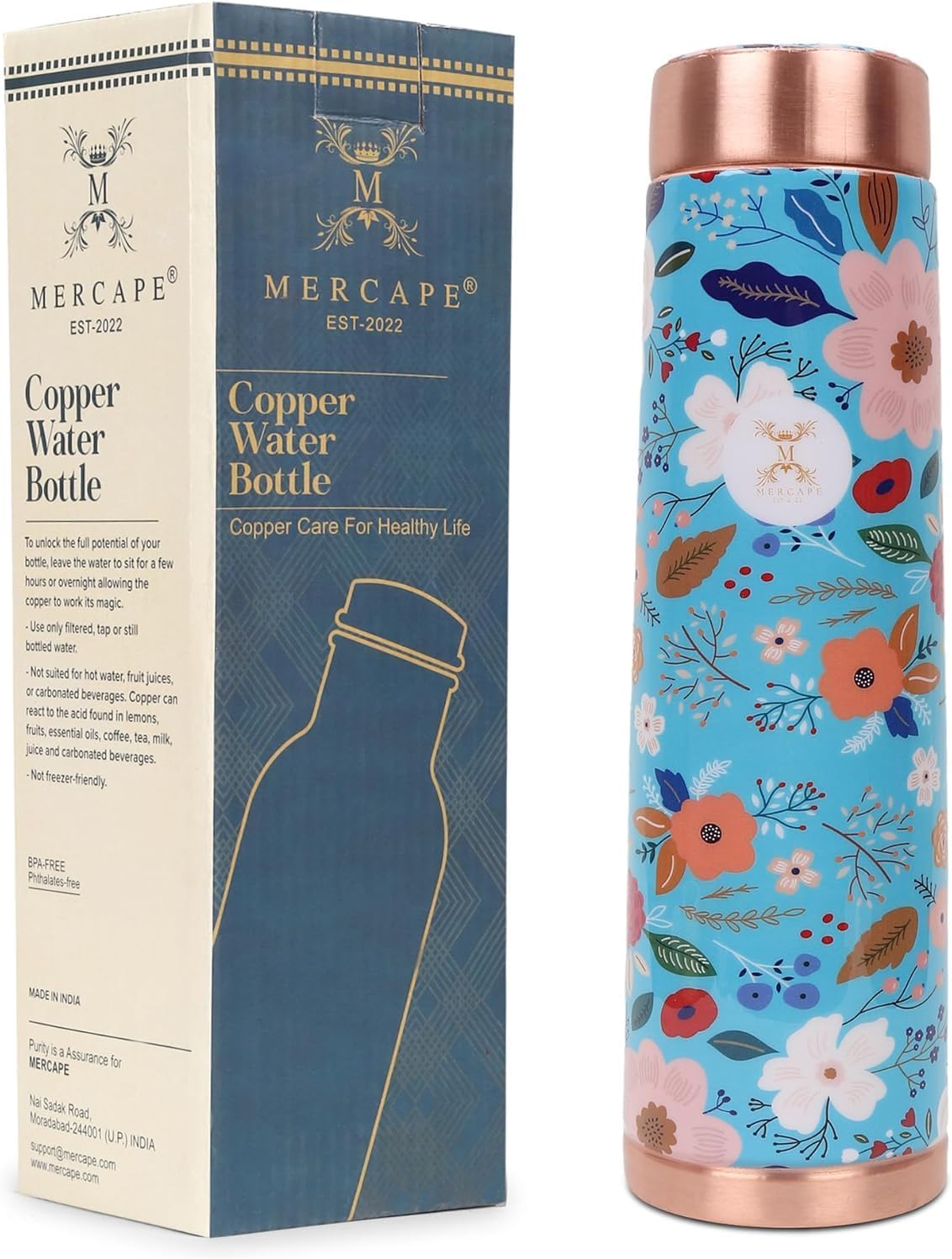 Copper Water Bottle A Handmade Ayurvedic Enameled Print Pure Copper Water Bottle For Drinking - Increase Your Water Consumption, and Experience Immediate Health Benefits 900ml (Blue)