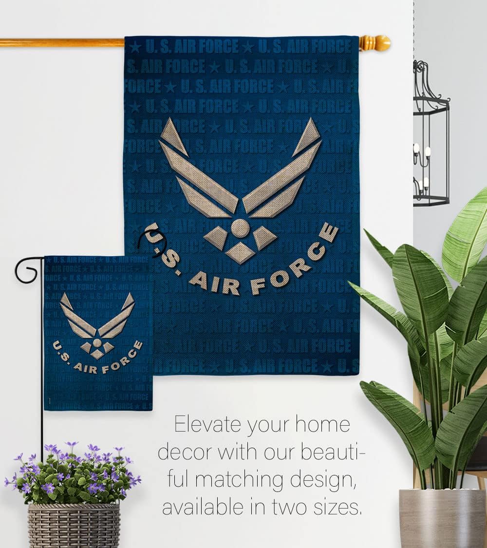 US Air Force Burlap Garden Flag - Set with Stand Armed Forces USAF United State American Military Veteran Retire Official - House Decoration Banner Small Yard Gift Double-Sided Imported 13 X 18.5