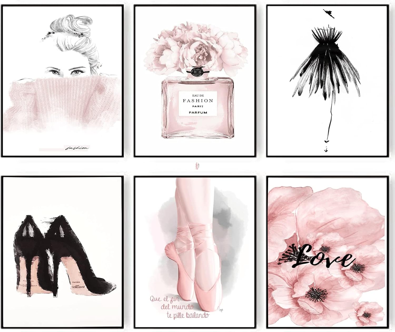 Onivein Pink Fashion Wall Art Prints Set of 6 Pink Black