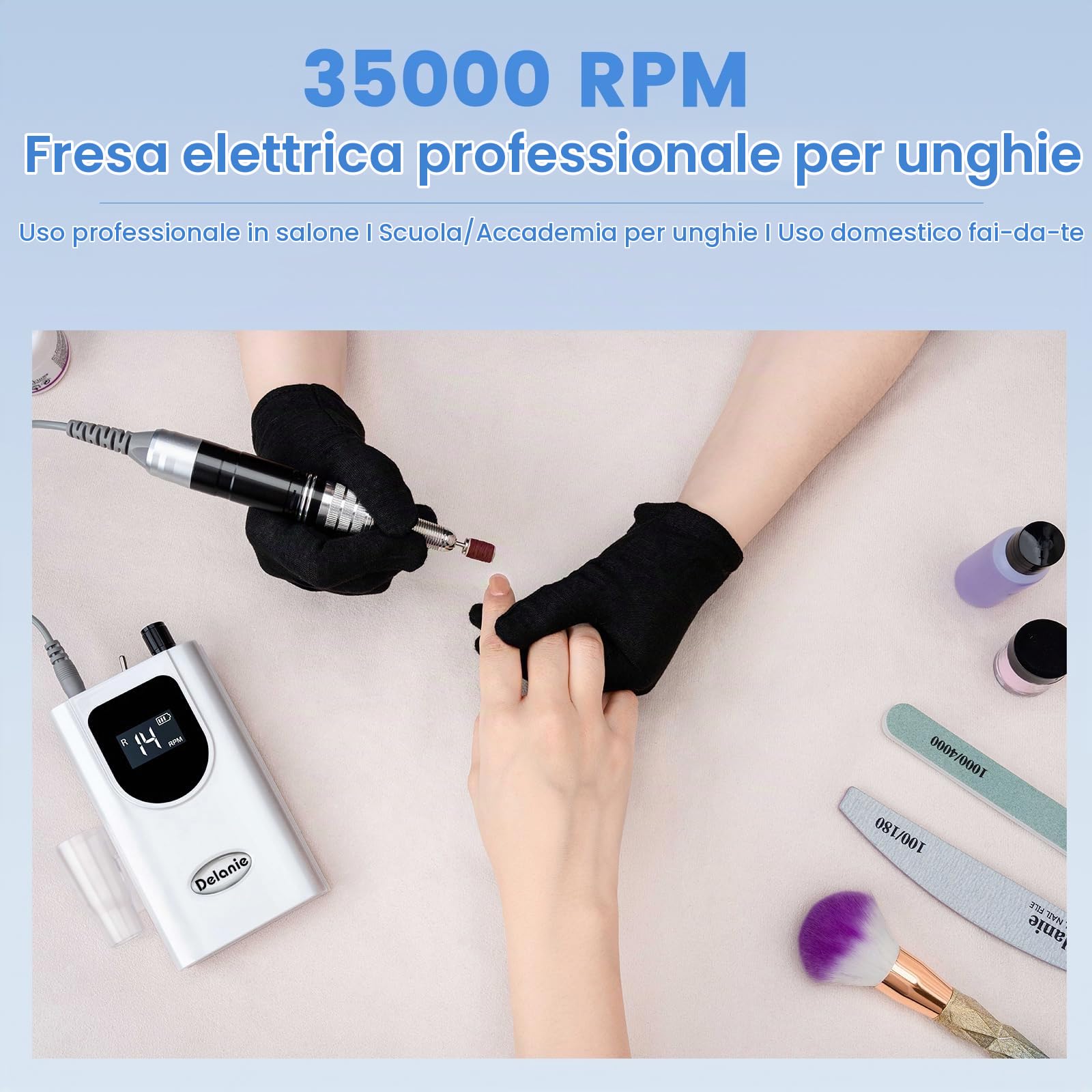 Delanie Fresa per Unghie Professionale, Portatile e Ricaricabile 35000 Giri a Display LED per Manicure e Pedicure, Trapano Elettrico per Unghie Gel/Smalto Velocità Regolabile Bianco