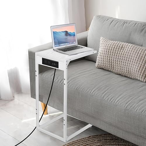 Miniatura 2 de Juego de 2 mesas auxiliares en forma de C con estación de carga, mesa auxiliar con mesa con puertos USB y tomas de corriente, mesas C para sofá,