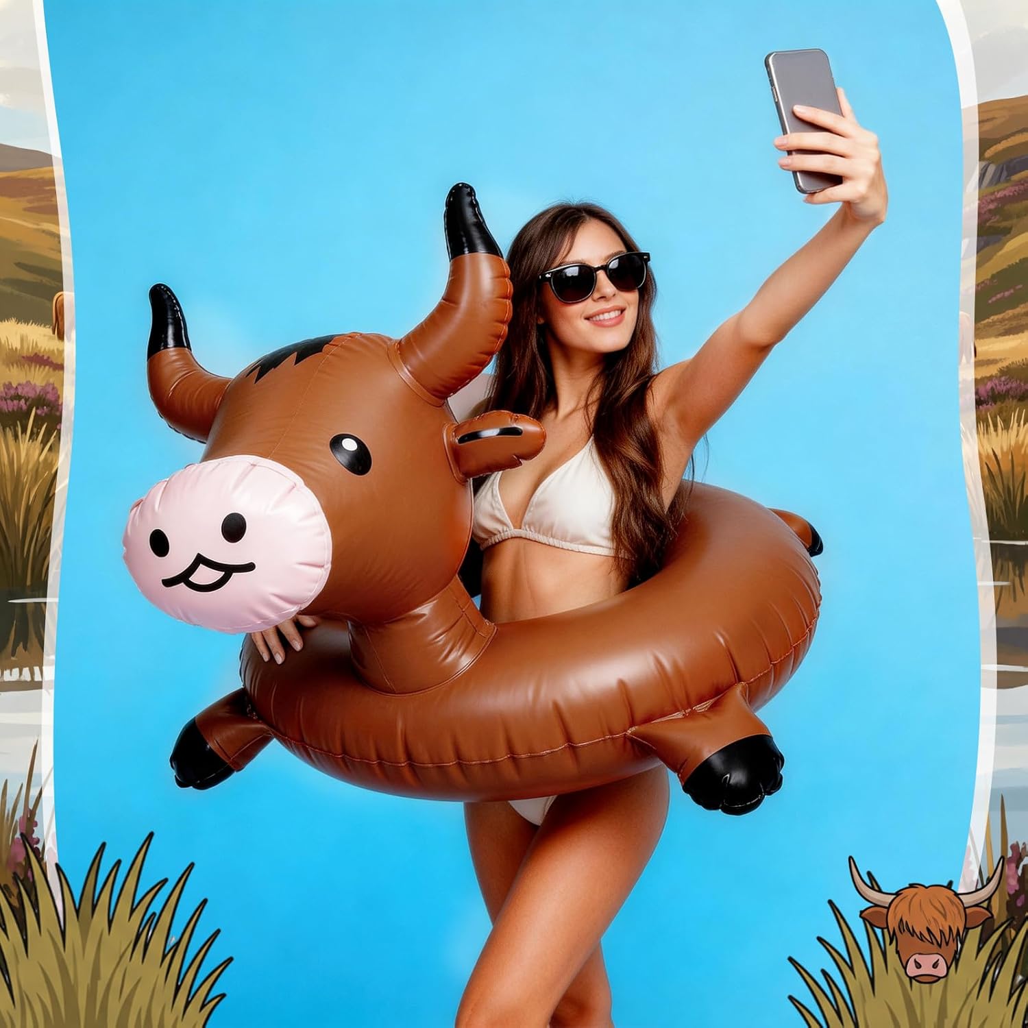 Jenaai Inflatable Highland Cow Pool Float for Adults 36" Cute Brown Cattle Blow up Swim Ring Durable Water Accessory for Farm Theme Party Pool Beach Lake Summer Funny Animal Shaped Floating Lounger