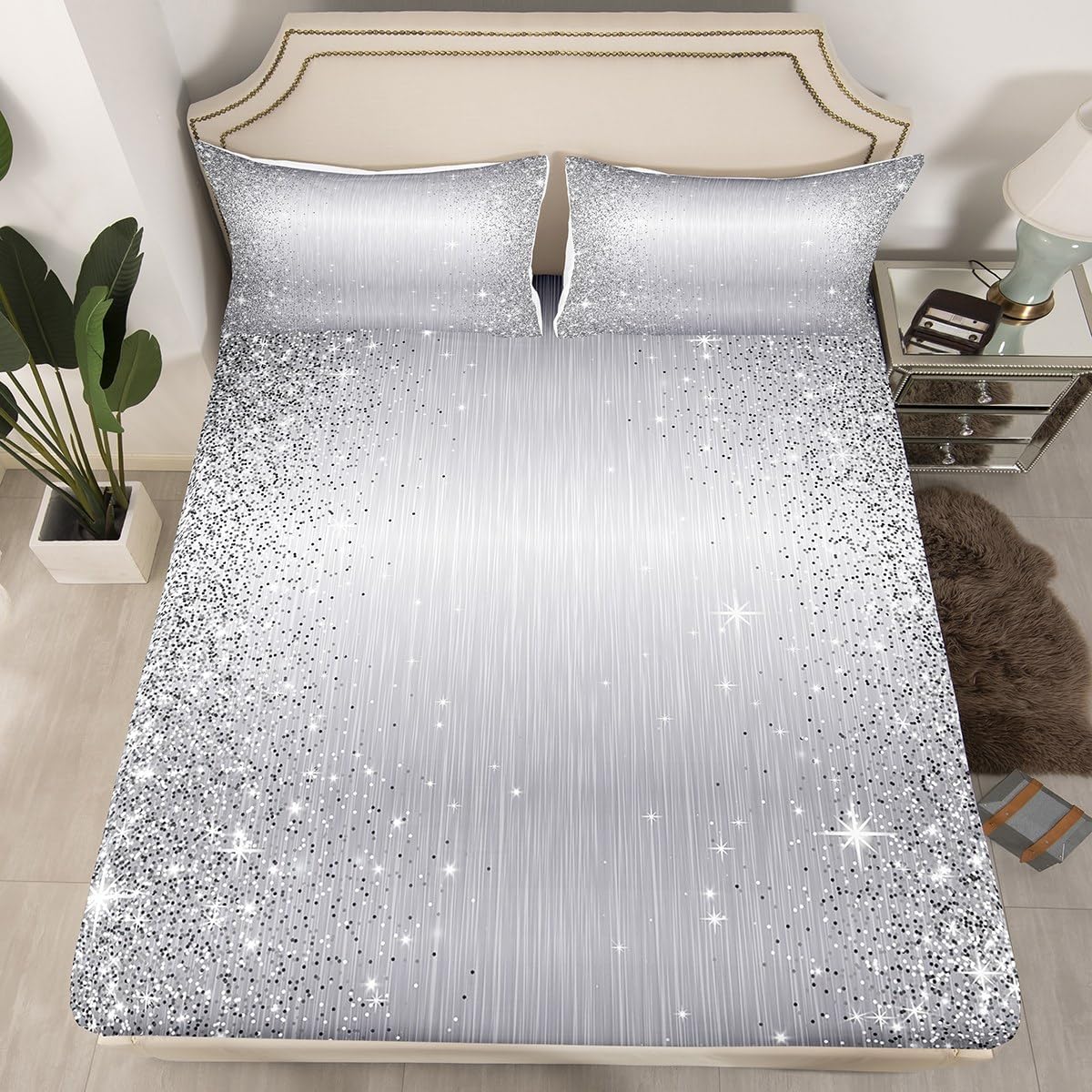 Manfei Abstract Print (No Glitter) Kids Fitted Sheet Queen Size, Fashion Grey Bedding Set for Boys Girls Room Decor, Cartoon Print Bed Cover with 2 Pillowcases, No Top Sheet, No Sequins