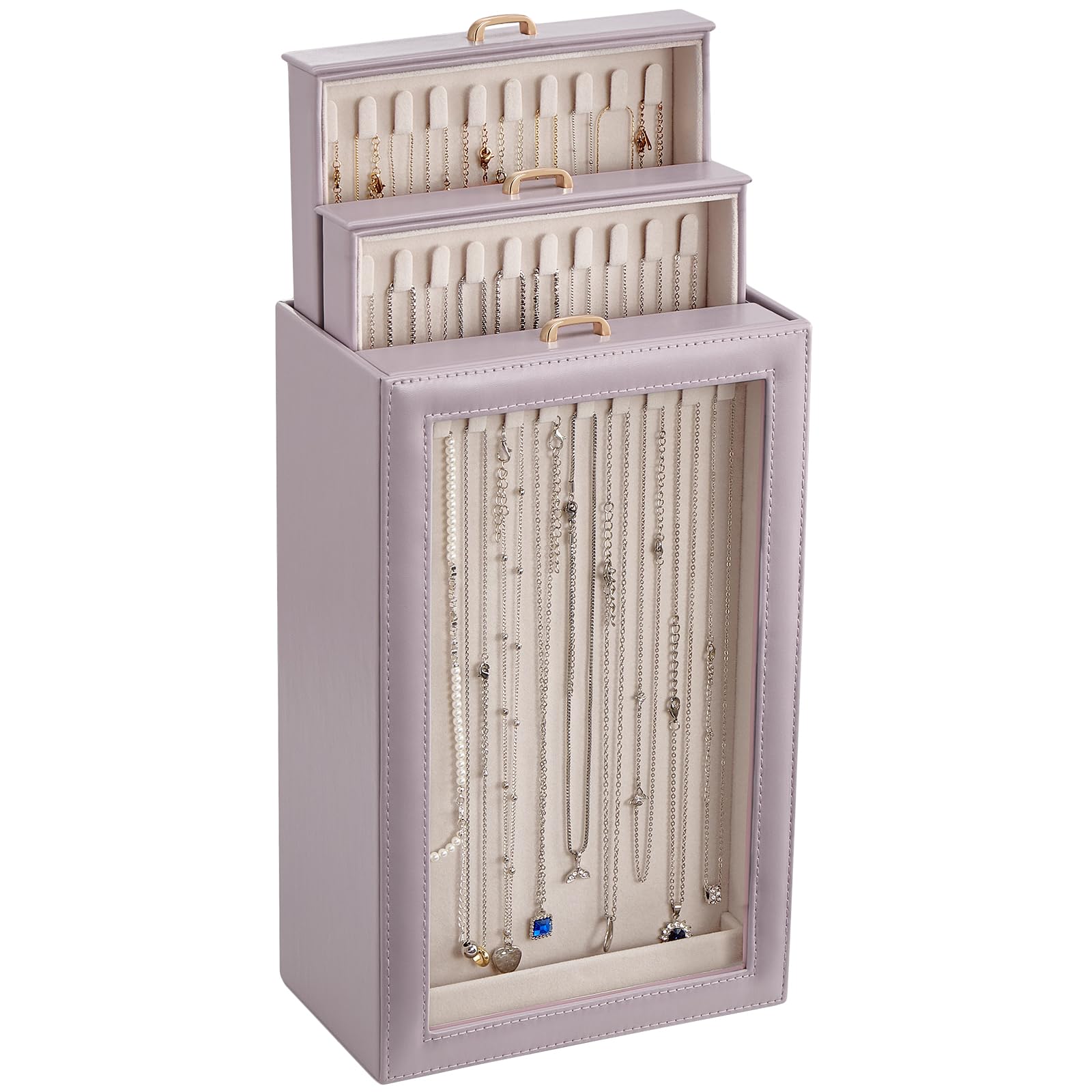 Lolalet Necklace Organizer Box, Jewellery Storage Boxes with Clear Lid for Necklaces, Tangle-Free Necklace Display Case for Women Girls -Dusty Purple, 3-Layer