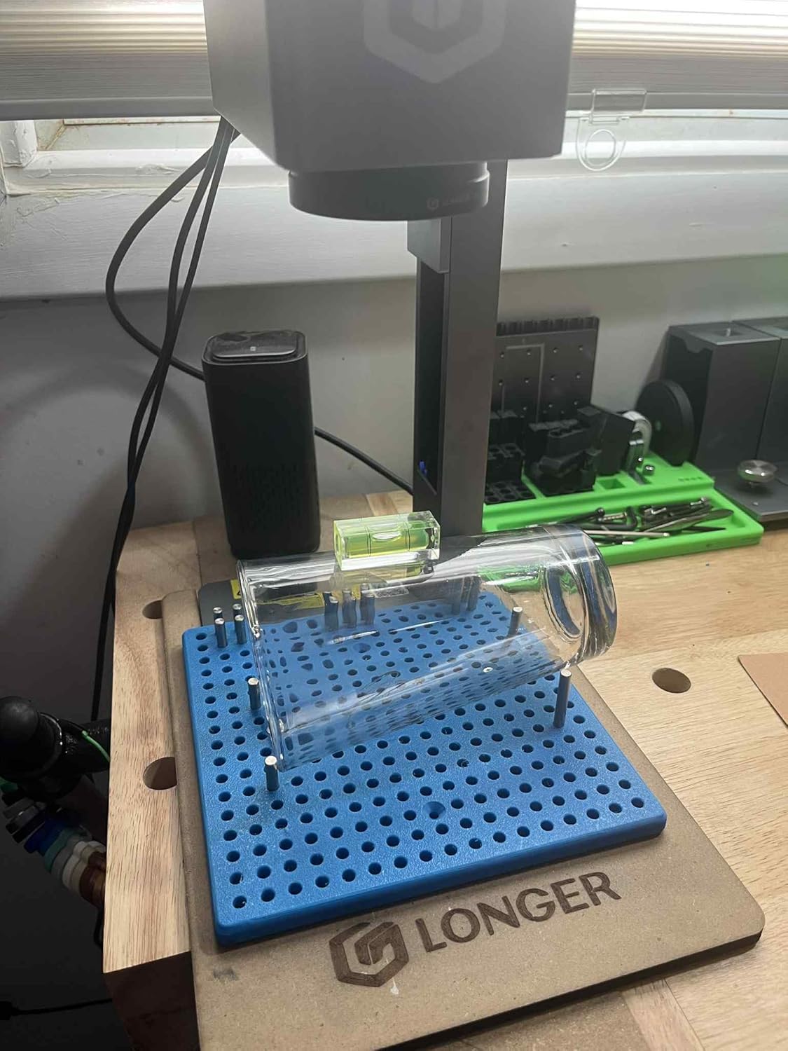 Dowel jig for Longer Nano Laser Engraver, Easy, Repeatable Alignment for Multiple Products, shaps, and Sizes (Blue)