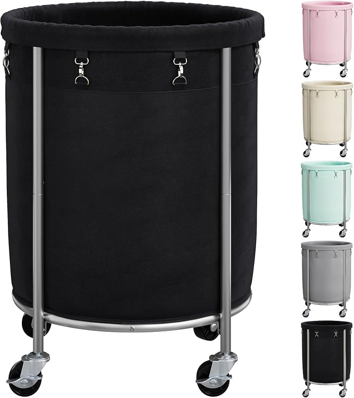 ELYKEN Laundry Basket with Wheels, Round Rolling Laundry Hamper, Black | 190L, Removable Liner Bag, Heavy-Duty Metal Frame, Locking Casters, Dirty Clothes Hamper for Hotel, Home, Closet, Dorm