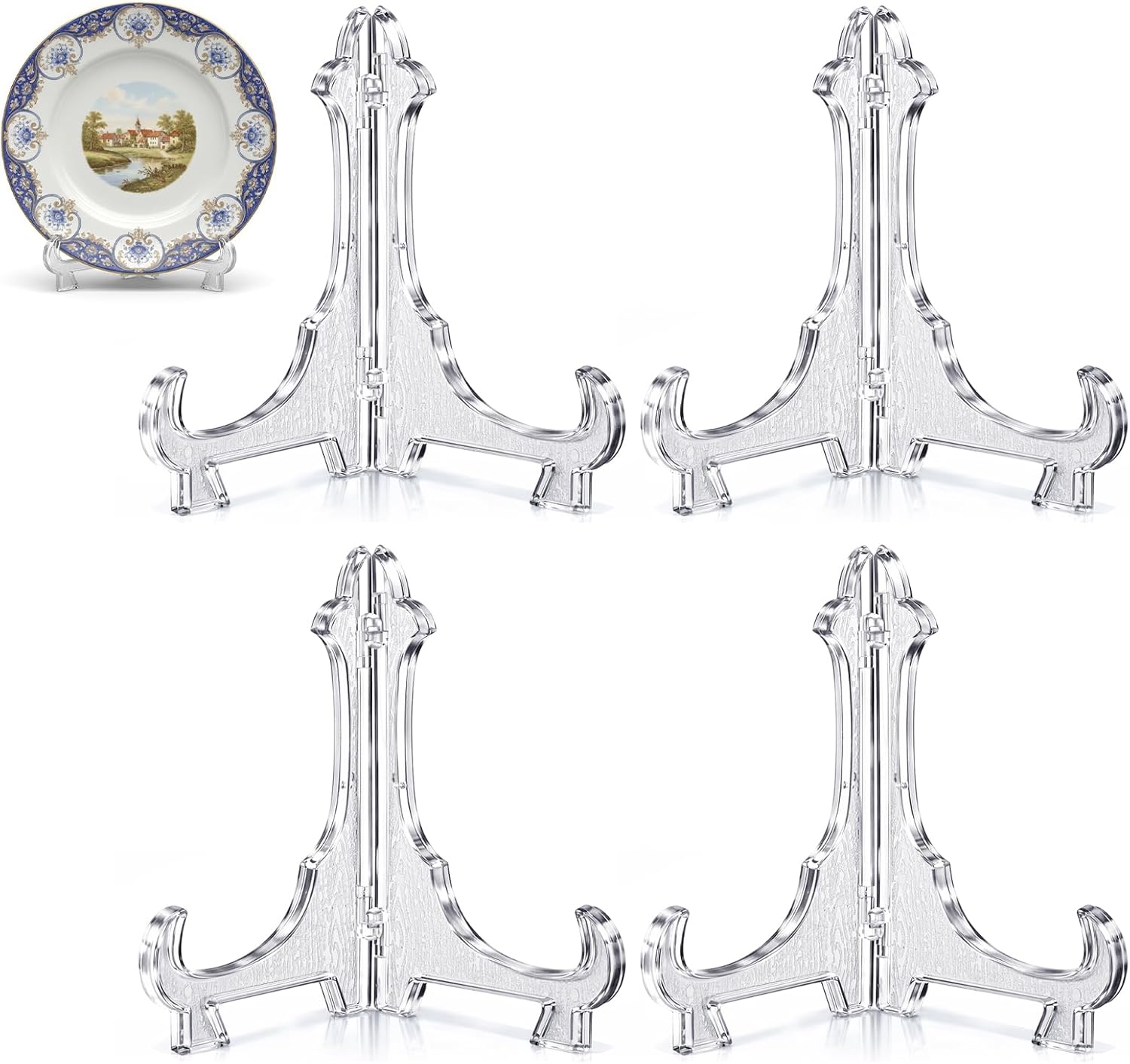 4 Pack Clear Acrylic Display Stands, 3.9 Inch Clear Plate Stand, Foldable Picture Stands for Display Platter, Dish, Book, Photo