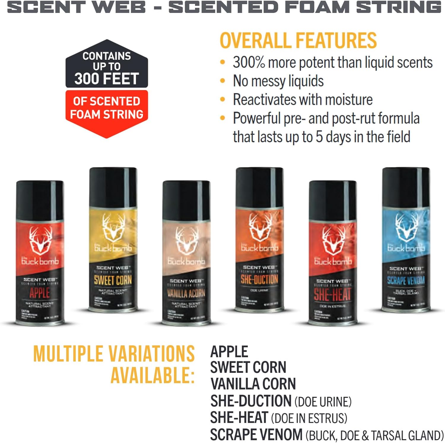 Hunters Specialties Buck Bomb Scent Web Scented Foam String | Hunting Pre/Post Rut Formula Scent Attractant Aerosol Spray, 5 Oz (142g)