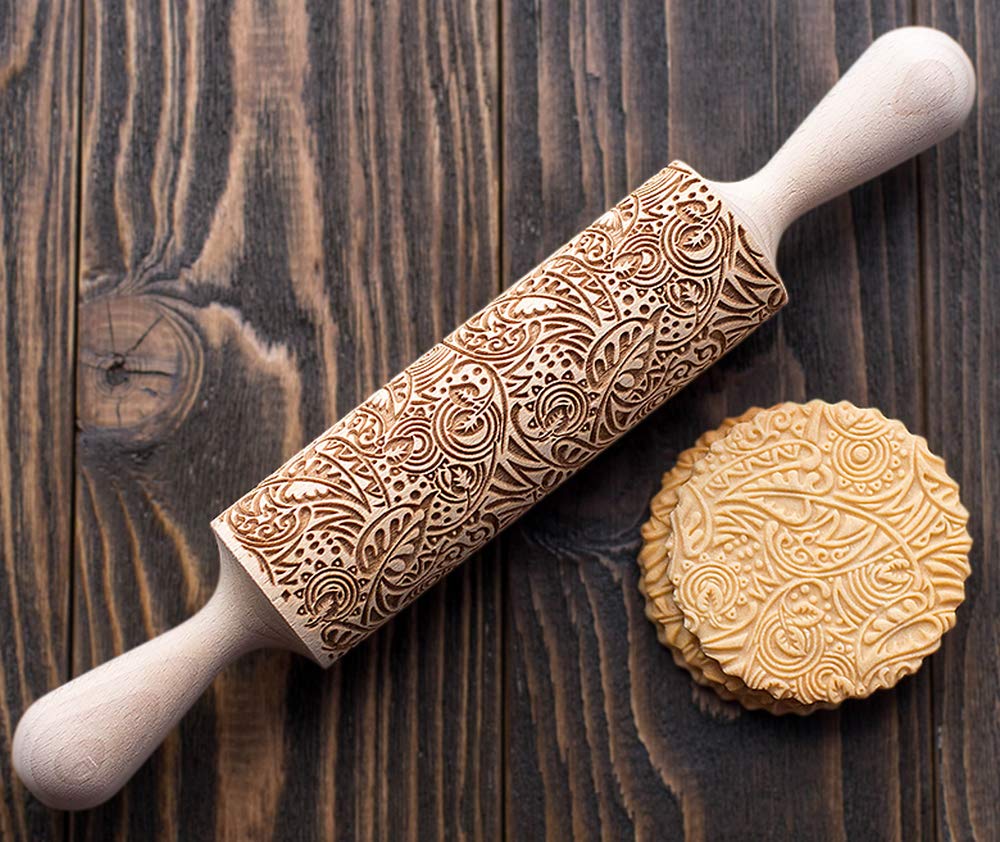 Jungle Rolling Pin, 3D cookie stamp, floral ornamental pattern imprint utensil, engraved and embossing cookie stamp, guipure cookie roller
