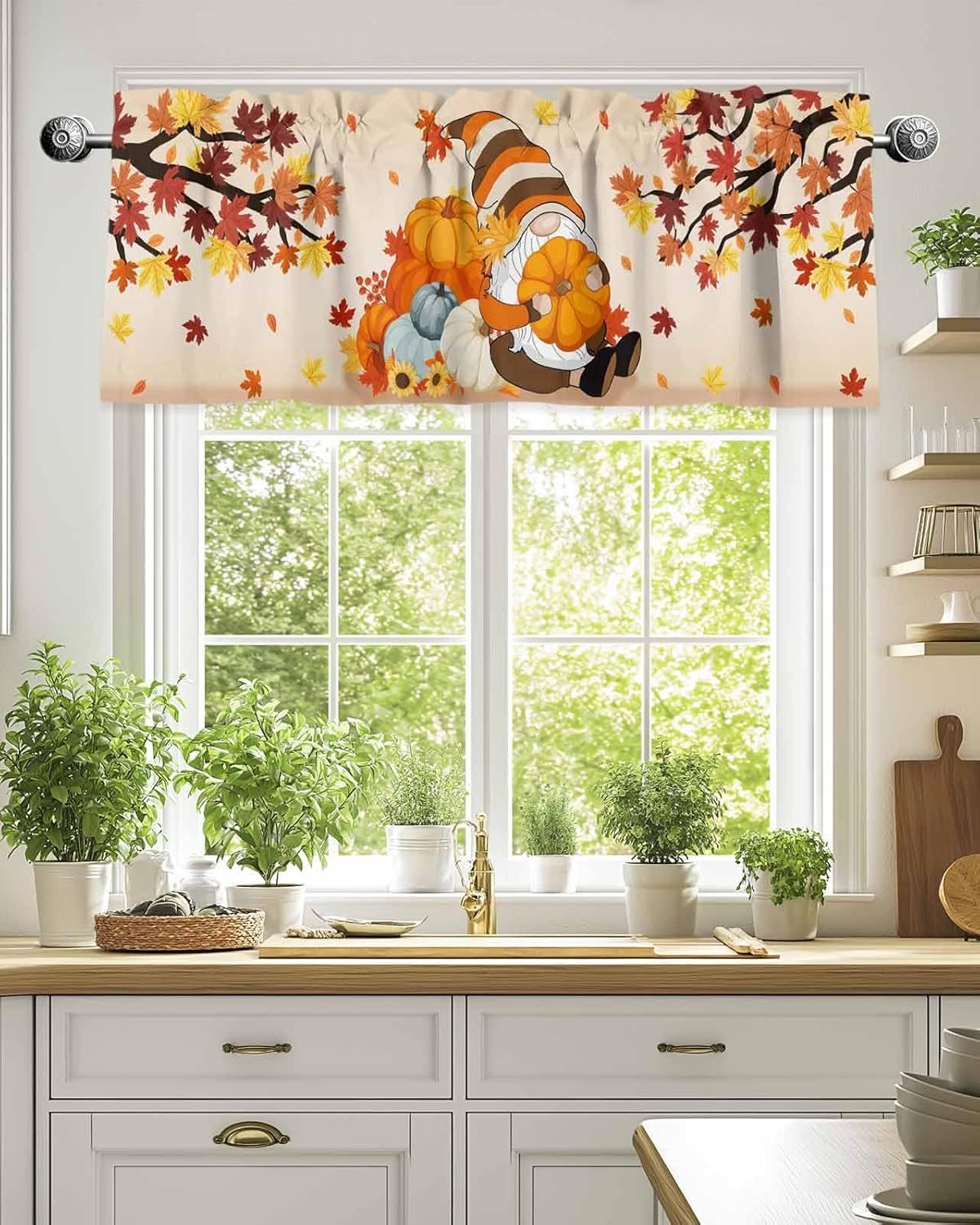 Fall Valances Curtains for Kitchen Thanksgiving Valance Gnome Holding Orange Pumpkin Maple Leaves Kitchen Valance Short Curtains Rod Pocket Window Treatments for Bathroom Bedroom Windows 60x18 Inch